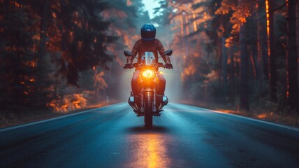 motorbike on the forest road riding. having fun driving the empty road on a motorcycle tour...