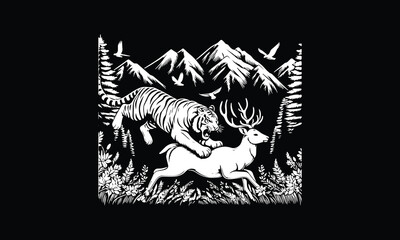 Tiger is hunting deer, tiger, hunting, deer, mountain, forest, trees, grass, logo, design, logo design 