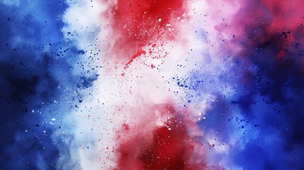 Vibrant tricolor French flag explodes with blue, white, and red holi powder on a white background, representing the celebration of France, Europe, soccer, and tourism.