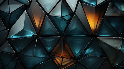 Abstract geometric background of triangular shapes in shades of blue and orange.
