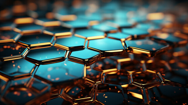3D illustration of blue and gold hexagonal structure, abstract futuristic background.