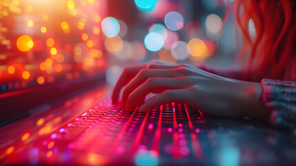 Image of the woman playing with laptop glowing at night, bokeh background. Beautiful sphere.