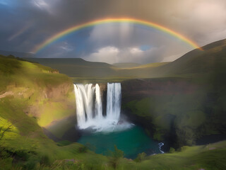A rainbow arching over a waterfall, nature’s vibrant palette