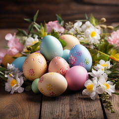 Fototapeta na wymiar Easter eggs and flowers, pastel colors