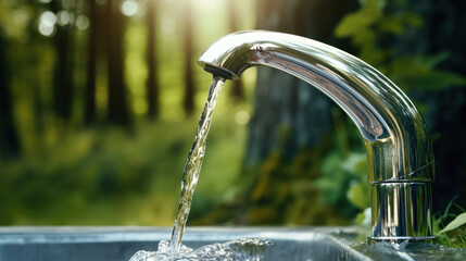 A detailed view of a water faucet with liquid streaming out, emphasizing the concept of water conservation and resource management