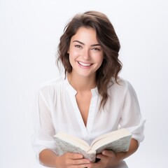 Smiling Woman Reading Book A Joyful Portrait