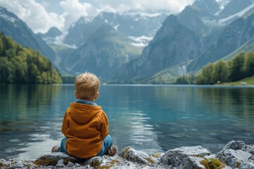 A young adventurer takes a moment to soak in the serene beauty of the mountain lake, surrounded by billowing clouds and dressed in outdoor gear fit for his tiny frame - obrazy, fototapety, plakaty