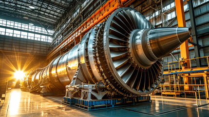 Obraz premium Large Jet Engine Positioned on Conveyor Belt in Factory Workshop