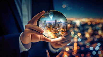 Businessman Realtor Examining City With Magnifying Glass - obrazy, fototapety, plakaty