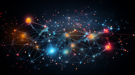 Abstract network connections with nodes and colorful lights on a dark background, representing concepts like technology, connectivity, and internet.