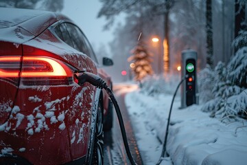 A red car braves the winter storm, its headlights illuminating the covered streets as it charges at the station amidst freezing precipitation and snow-covered trees