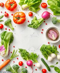 A colorful variety of fresh vegetables like peppers, tomatoes, cucumbers, and broccoli