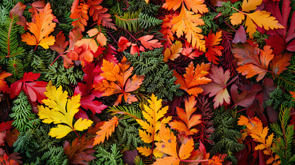 Juniper leaves amidst vibrant autumn foliage. 