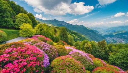 aerial view of colorful blooming rhododendron shrubs among the trees in the oasi zegna natural area and tourist attraction in the province of biella piedmont italy - obrazy, fototapety, plakaty