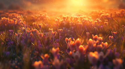 Crocus meadow during the golden hour of sunset.