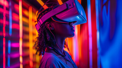a woman wearing a vr helmet with bright colors in the background, in the style of dark, foreboding colors, colorized, afrofuturism-inspired.