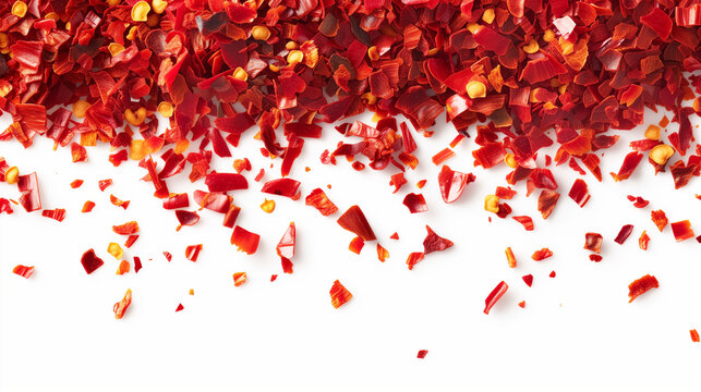 Transparent PNG available Spicy chili red pepper flakes, chopped, milled dry paprika pile isolated on white, top view