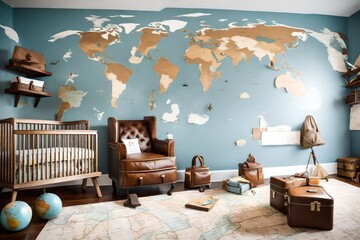 A travel-inspired baby nursery with world map wall decals, vintage suitcases, and globe decor. An adventurous space for a little explorer - obrazy, fototapety, plakaty