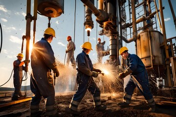 A dynamic shot of oil workers engaged in the maintenance of a drilling rig, with sparks flying as...