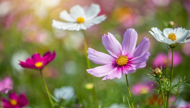 beautiful field of cosmos flower in a meadow in nature in the rays of sunlight in summer in the spring close up of a macro a picturesque colorful artistic image with a soft focus