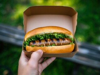 handheld grilled sausage hotdog with lettuce served inside of a food box  . generative ai - obrazy, fototapety, plakaty