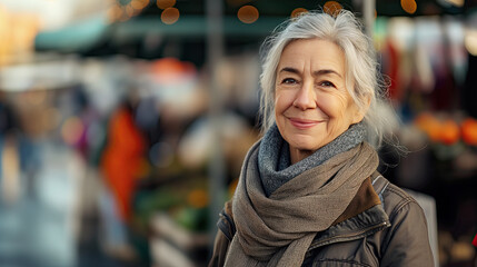 Fototapeta premium Portrait of a smiling elderly woman shopper at a local street farmer's market