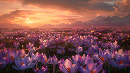 a vast field of Crocus flowers in early spring.