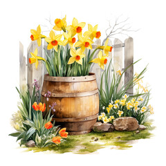 Wooden barrel with yellow daffodil and tulips flowers hedge on the background watercolor illustration generative ai - 744705696