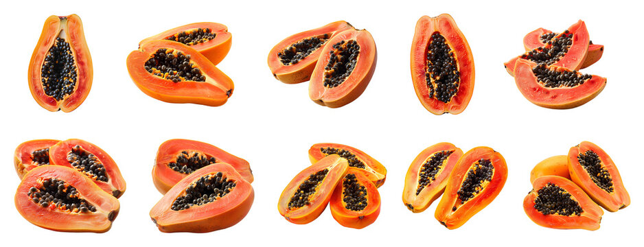 Papaya set PNG. Set of papayas with different views PNG. Papaya PNG. Tropical fruit papaya top view PNG. Papaya flat lay PNG. Papaya slices for fruit salads or summer desserts. Papaya slice isolated
