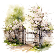 pear blossom tree near a gate and stone wall watercolor illustration generative ai - 744705829