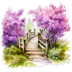 lilac bushes and rustic pathway watercolor illustration generative ai - 744705894