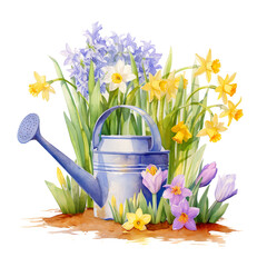 watering can and yellow daffodil flowers watercolor illustrations generative ai - 744706003