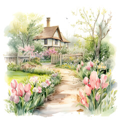pathway surrounded with blooming flowers and house in the distance in spring in rustic garden watercolor generative ai - 744706008