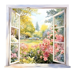 Window with blooming flowers view. Open window to the spring garden. watercolor illustration Generative AI. - 744706023