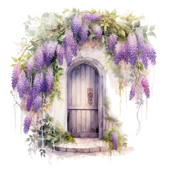 Old door and Wisteria blossom tree. watercolor illustration generative ai - 744706031
