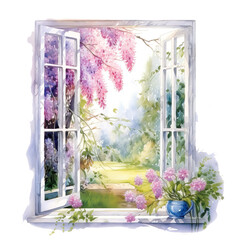 Window with blooming flowers view. Open window to the spring garden. watercolor illustration Generative AI. - 744706053