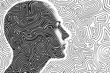 Abstract depiction of human head silhouette and circular labyrinth.