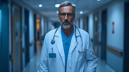 Fototapeta premium A man physician strolling through hospital hallway.