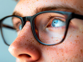 Close-up of young man with fashionable glasses and blue eyes