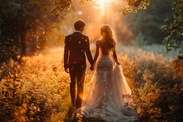 A bride and groom embrace in a sun-kissed field, surrounded by the beauty of nature and the promise of eternal love