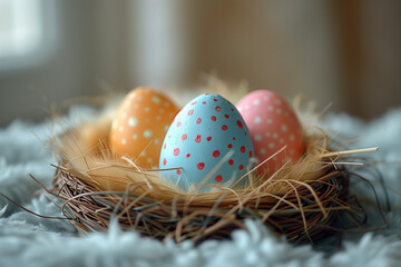 Fototapeta premium Decoration with three painted Easter eggs in a bird's nest. Copy space.