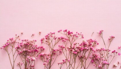 dry pink flowers gypsophila on pink background flat lay top view copy space