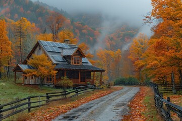 Amidst the fog and changing leaves of autumn, a rustic house stands tall, sheltered by trees and a wooden fence, nestled in a serene rural landscape