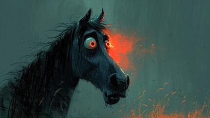 Horse with a Surprised Look, The Horse's Eyes are Open Wide, A Cartoon Horse with an Odd Expression, A Humorous Illustration of a Horse.