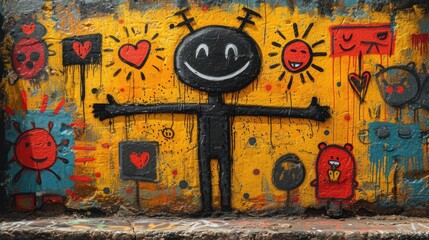 Smiling Graffiti Character, Colorful Wall Mural with Cartoon Characters, Artistic Expression on a Yellow Wall, Vibrant Street Art Featuring Happy Faces and Hearts.