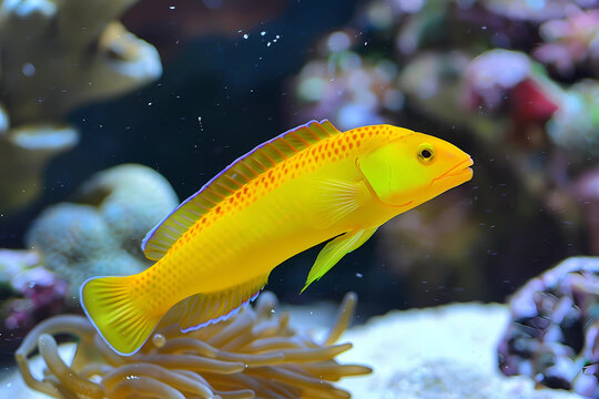 Yellow Coris Wrasse (Halichoeres chrysus) - Bright yellow with blue markings, active and peaceful