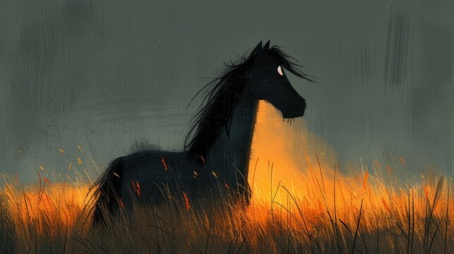 Moonlight Horse, Evening Stroll, Nighttime Pasture, Nocturnal Equine.