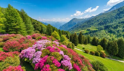 aerial view of colorful blooming rhododendron shrubs among the trees in the oasi zegna natural area and tourist attraction in the province of biella piedmont italy - obrazy, fototapety, plakaty