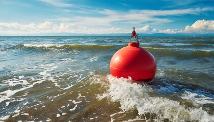 red buoy on the sea waves - obrazy, fototapety, plakaty