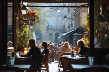 Individuals savoring beverages at a bistro during a scorching summer afternoon in France. - obrazy, fototapety, plakaty